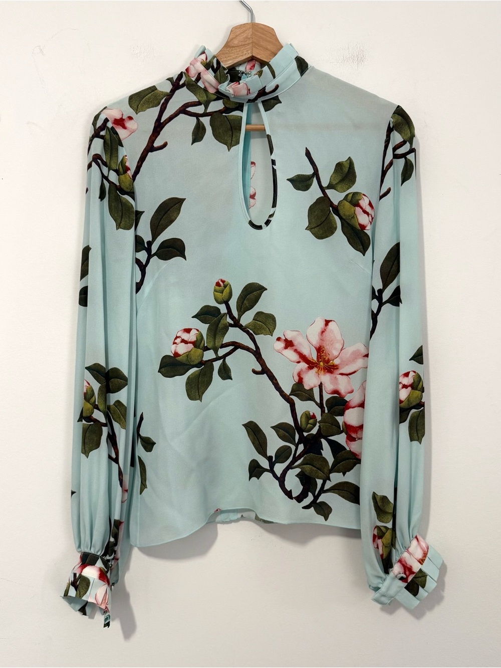 Andrew GN Silk Floral Blouse Women’s 36 Light Blue Long Sleeve Mock Neck Small